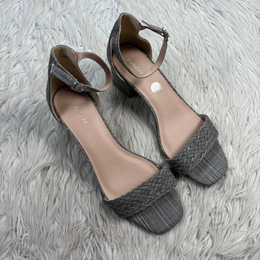 NWOB Maurices Women's 10 Roxy Fabric Woven Ankle Strap Block Heel Sandals Preppy